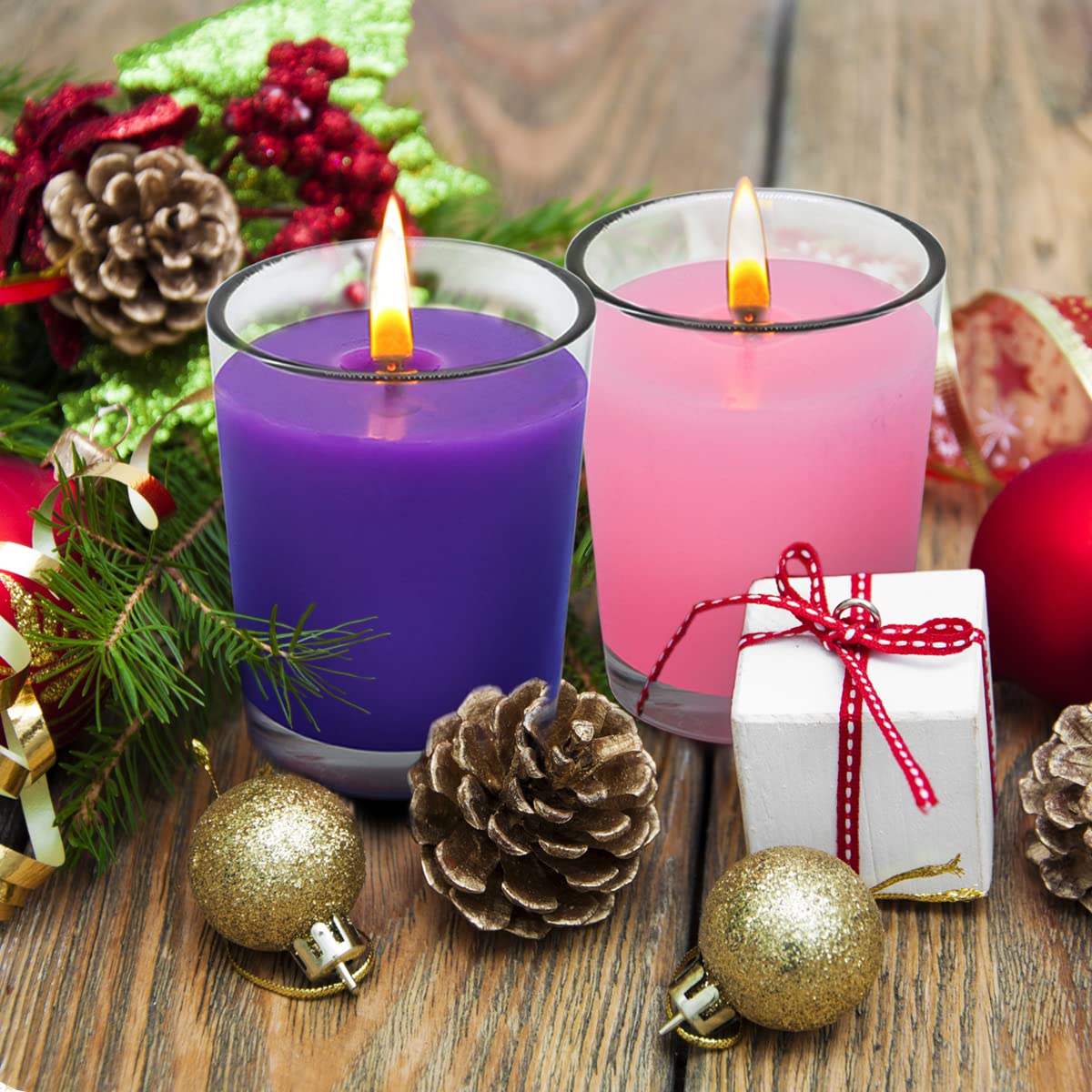 UNICY 12 Packs Advent Candles with Clear Glass Holder, 9 Purple and 3 Pink Votive Candles, Unscented Seasonal Celebration Candles for Christmas Table Decoration, 1.8oz, KFUS-12VOT-ZIFEN