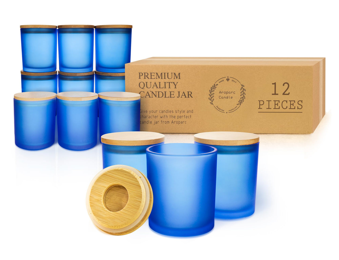 Aroparc 12 Pack Candle Jars for Making Candles, 10 OZ Empty Candle Jars with Bamboo Lids, Bulk Candle Containers Candle Glass - Dishwasher Safe, Frosted Blue