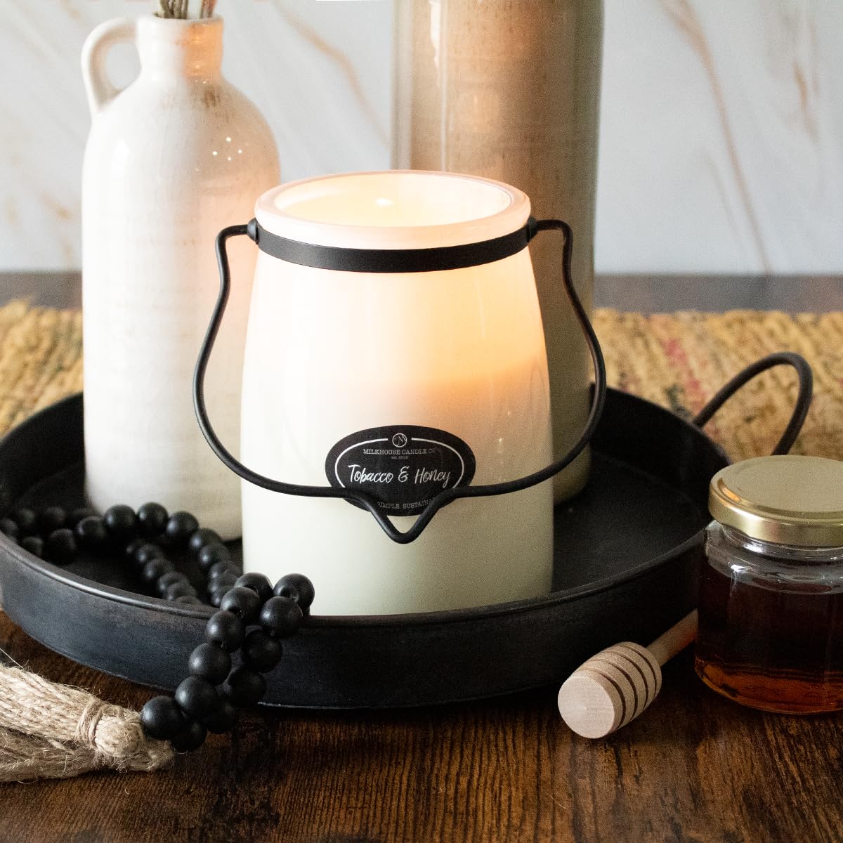 Milkhouse Candle Company Tobacco & Honey Soy Candle - Cashmere & Honey | Amber | Sandalwood Scented - 22 oz Butter Jar with Lid, 120+ Hour Burn Time, Made in the USA