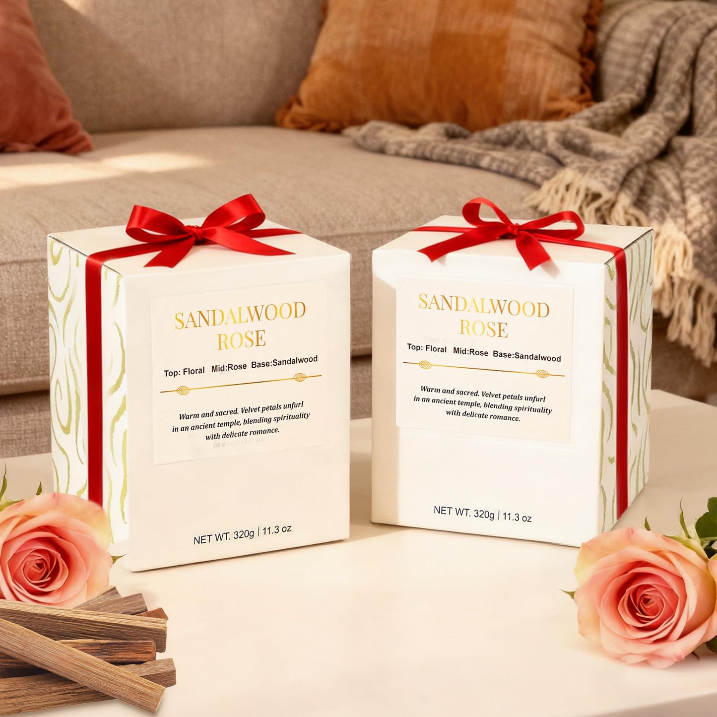 Scented Candles for Home, 2 Pack Wood Wick Sandalwood Rose Scented Candle,22.6 oz 150 Hour Long Burning Lasting, Natural Soy Wax Candles Gifts Set