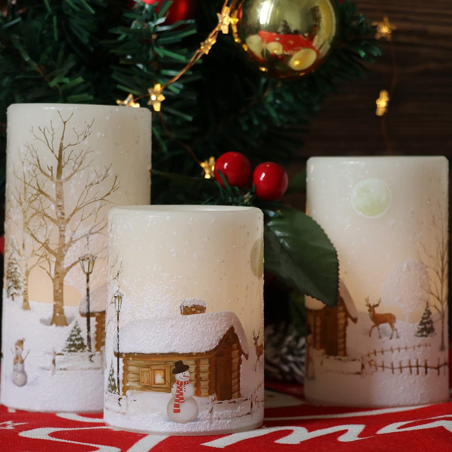 Lasumora Snowman Christmas Flameless Candles with 6H Timer, Real Wax LED Pillar Candles Flickering, Battery Operated Waxy Candles for Home Fireplace Décor Christmas Gifts, 3x4/5/6 inches