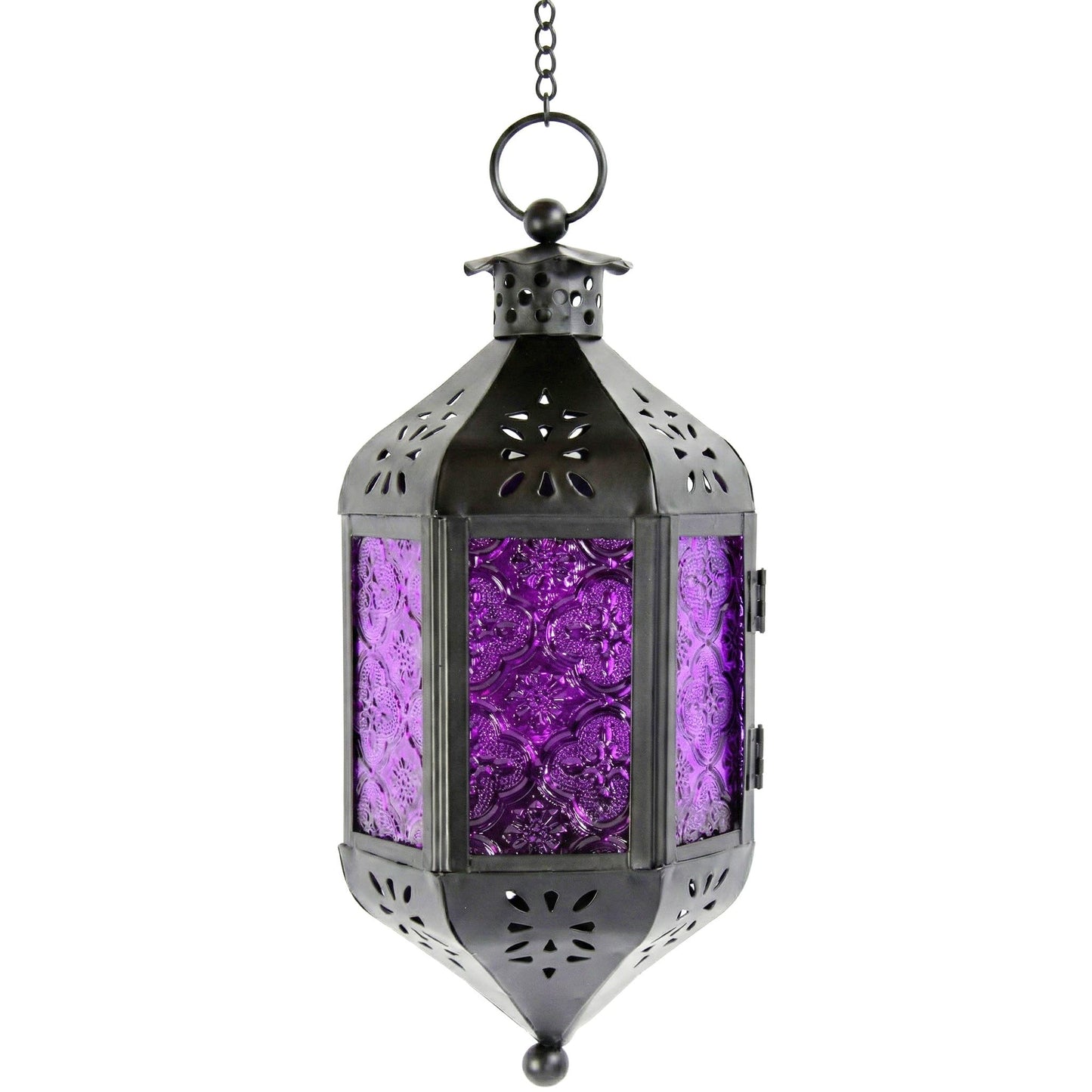 Vela Lanterns Gothic Candle Holder, Hanging Lantern Indoor Lamp, Witchy Whimsigoth Home Decor, Decorative Moroccan Purple Glass Halloween & Vampire Decorations, Metal with 12" Chain, Purple Glass