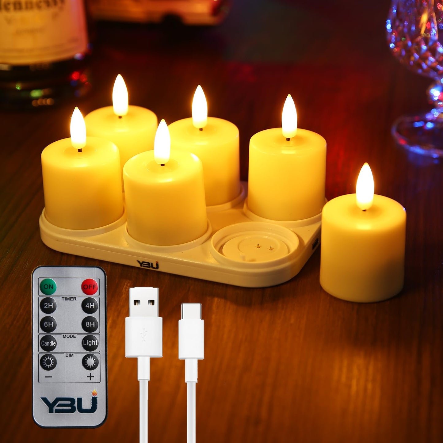 YBU Rechargeable Flameless Tea Light Candles, Realistic Flickering LED with Remote & Timer, 100+ Hours, USB Charging Base, Safe for Home Wedding Decor (6-Pack, Amber)