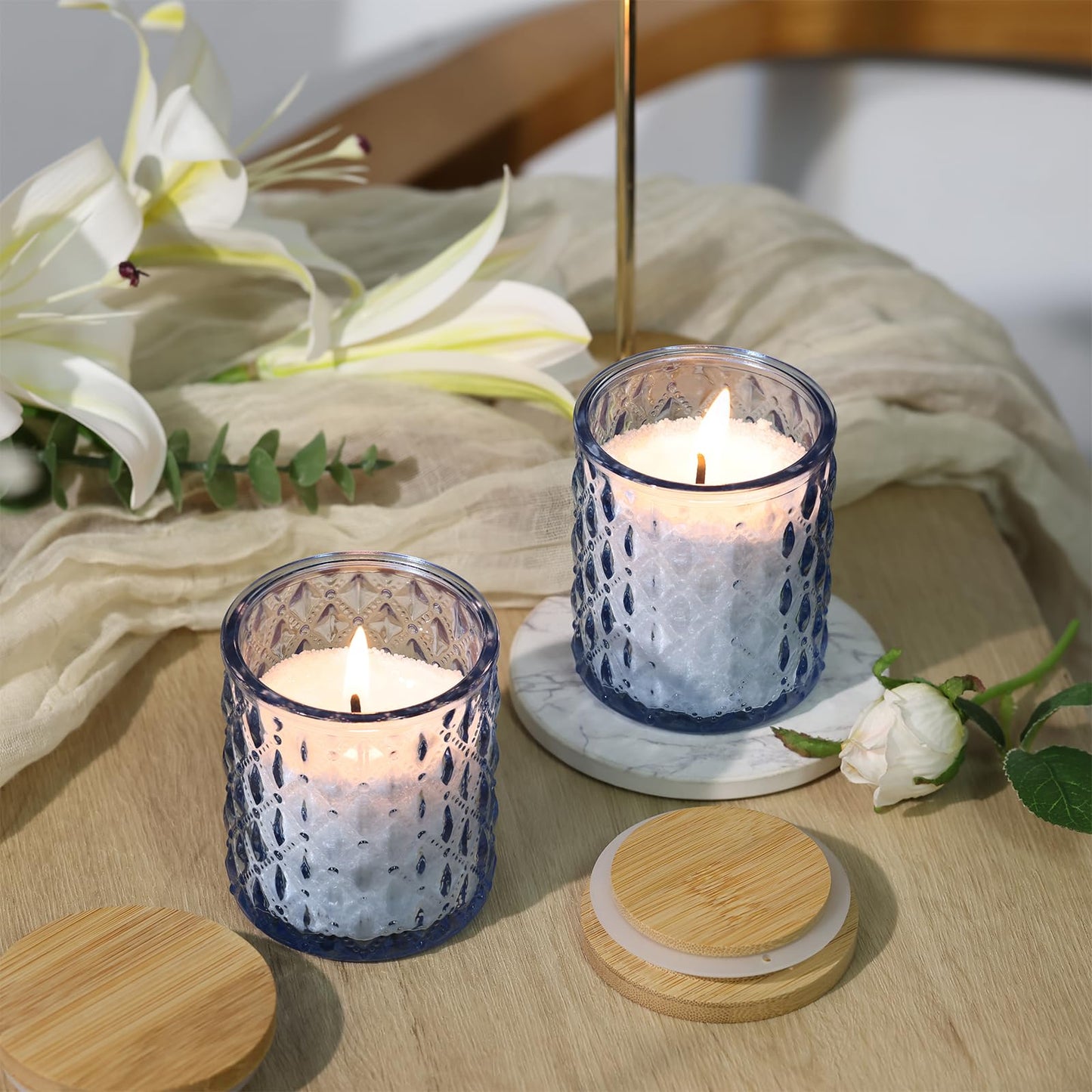 NITIME 15pcs 7.5oz Blue Candle Jars for Making Candles, Glass Candle Vessels with Bamboo Lids and Sticky Labels, Candle Containers for Making Candles and Candle Making Supplies