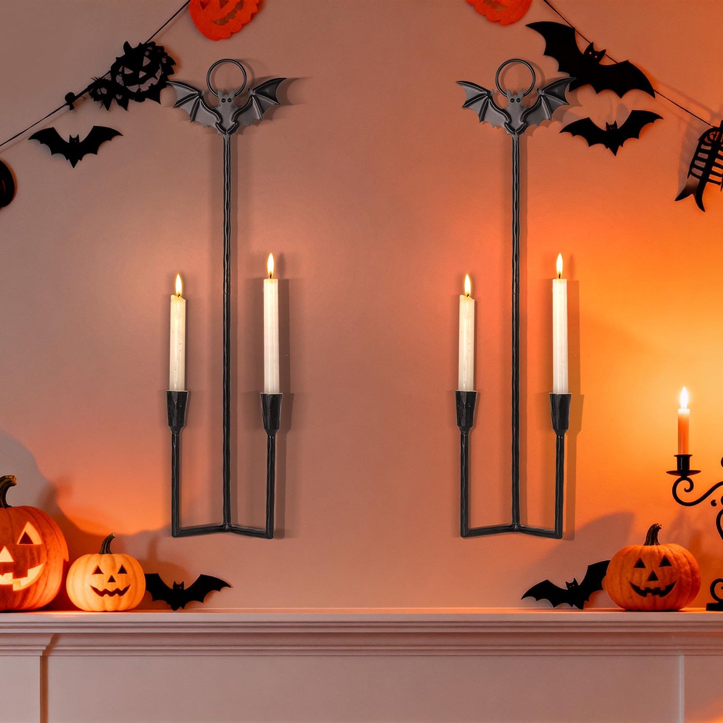 Wall Sconce Candle Holder Metal Hanging Wall Decorations Gothic Bat Wall Light Candle Holder for Home,Living Room, Bathroom, Dining Room, Set of 2（Black