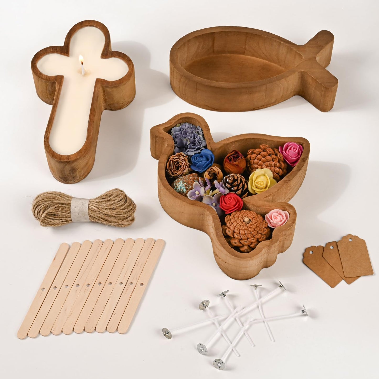 Pawnoc Paulownia Wood Dough Bowl Set, 3 Pack Christian Candle Holders in Cross, Dove, Fish Shapes, Rustic Decorative Pieces for DIY Candle Making, Farmhouse or Church Decor