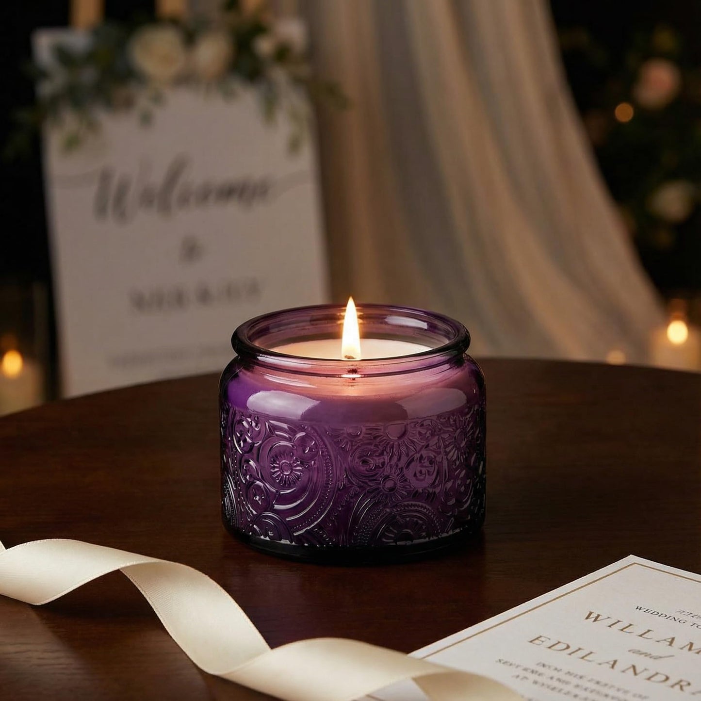 18-Pack 4oz Embossed Glass Candle Container with Bamboo Lids and Labels, Clear Candle Jars for Making Candles, Sun Moon Star Design (Purple)