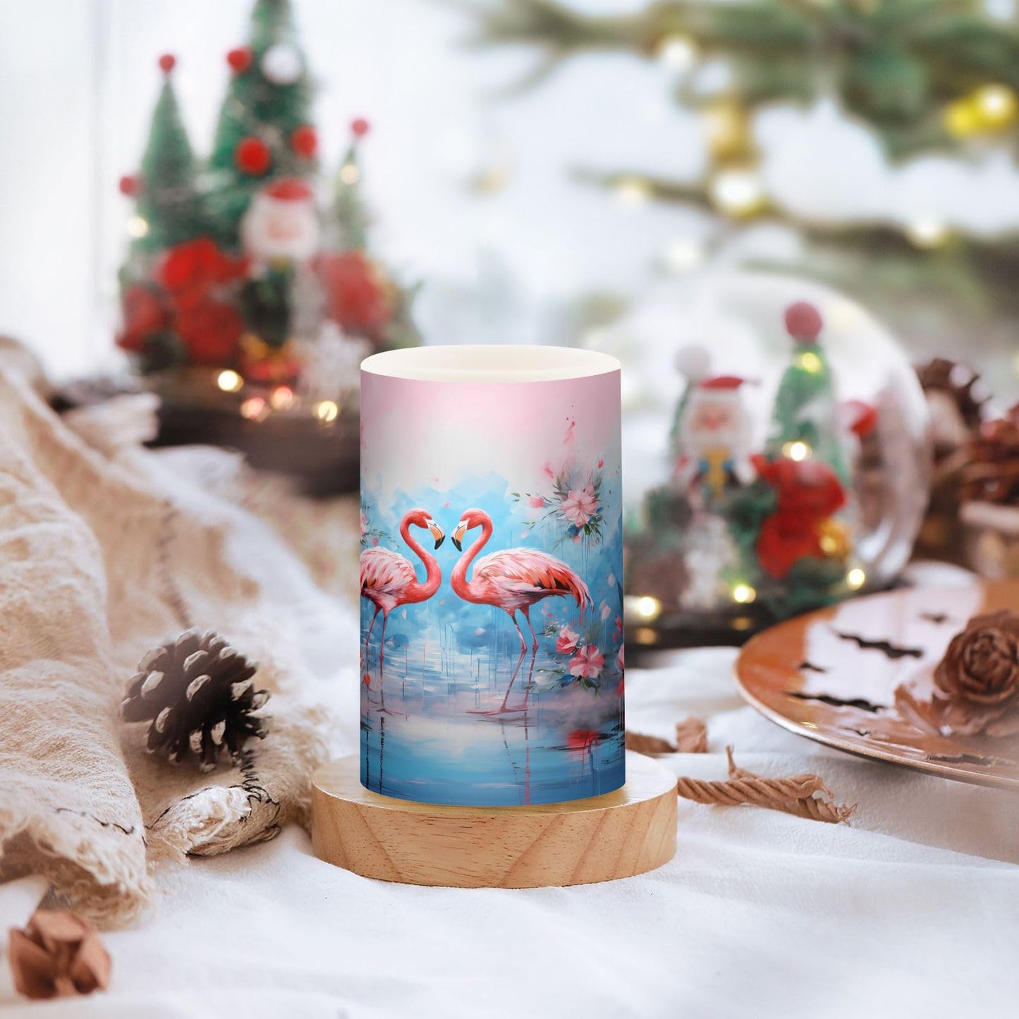 ALAZA Pink Flamingos with Flowers Flickering Flameless Candles Battery Operated with Remote Timer,Tea Light Candles LED Pillar Votive Candles Set of 2 for Outdoor Indoor Decorations
