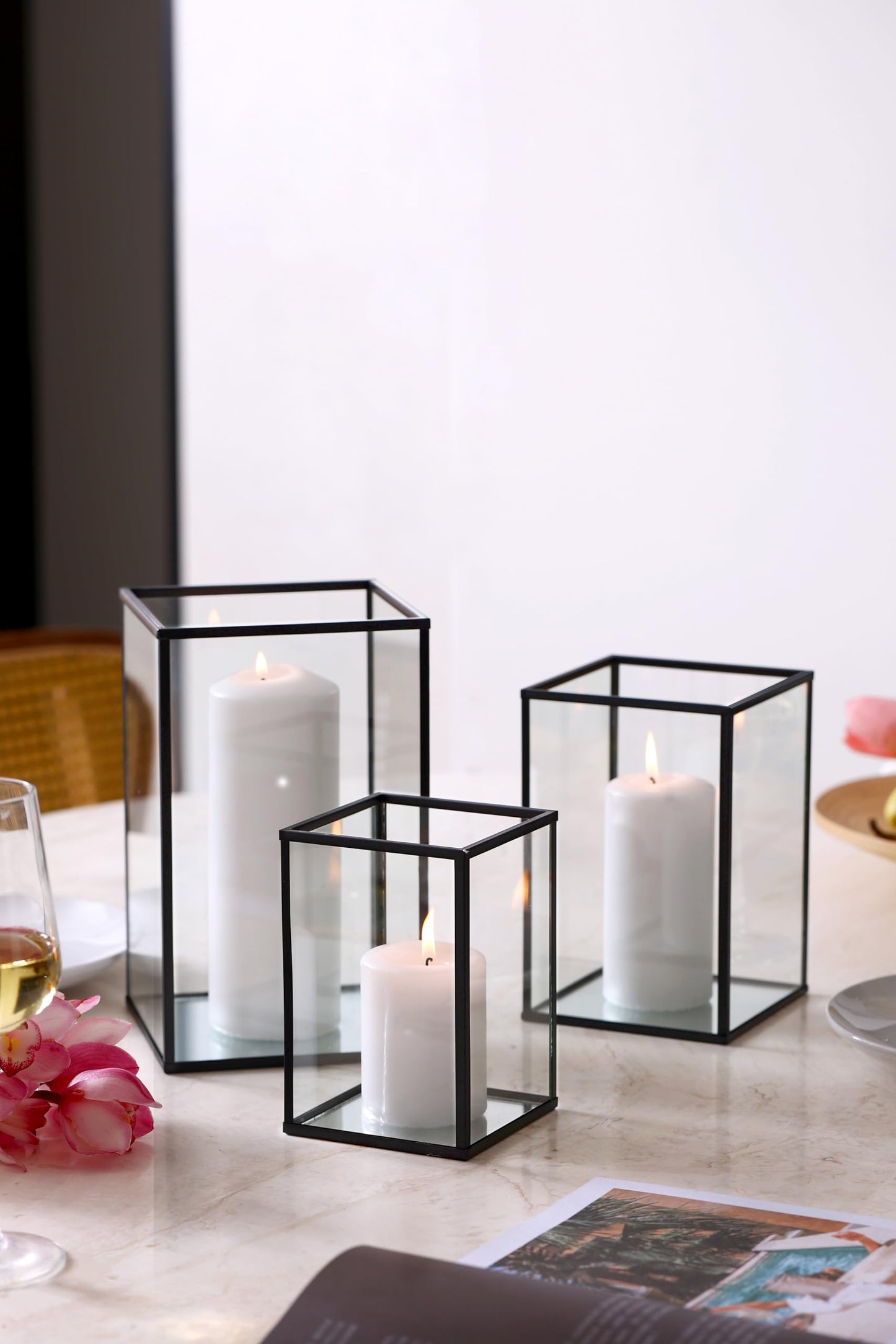 PHOSPHOR Hurricane Glass Candle Holder Set of 3 Pieces Black Hurricane Candleholders for Wedding Party Holiday Birthday Home Decor Lanter