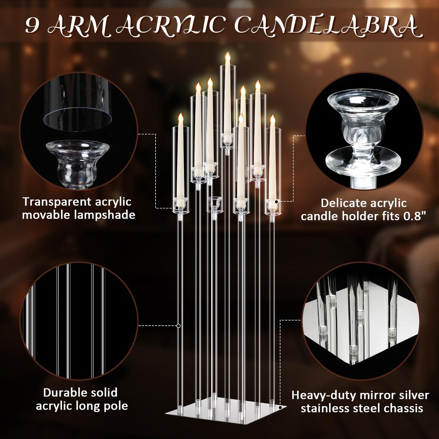 Tessco 4 Set 9 Arm Acrylic Candelabra Candle Holder 42.5'' Clear Candelabra Centerpieces for Wedding, Candlesticks Holder with Lampshade Metel Mirror Base for Wedding Christmas Dinner Party Decor
