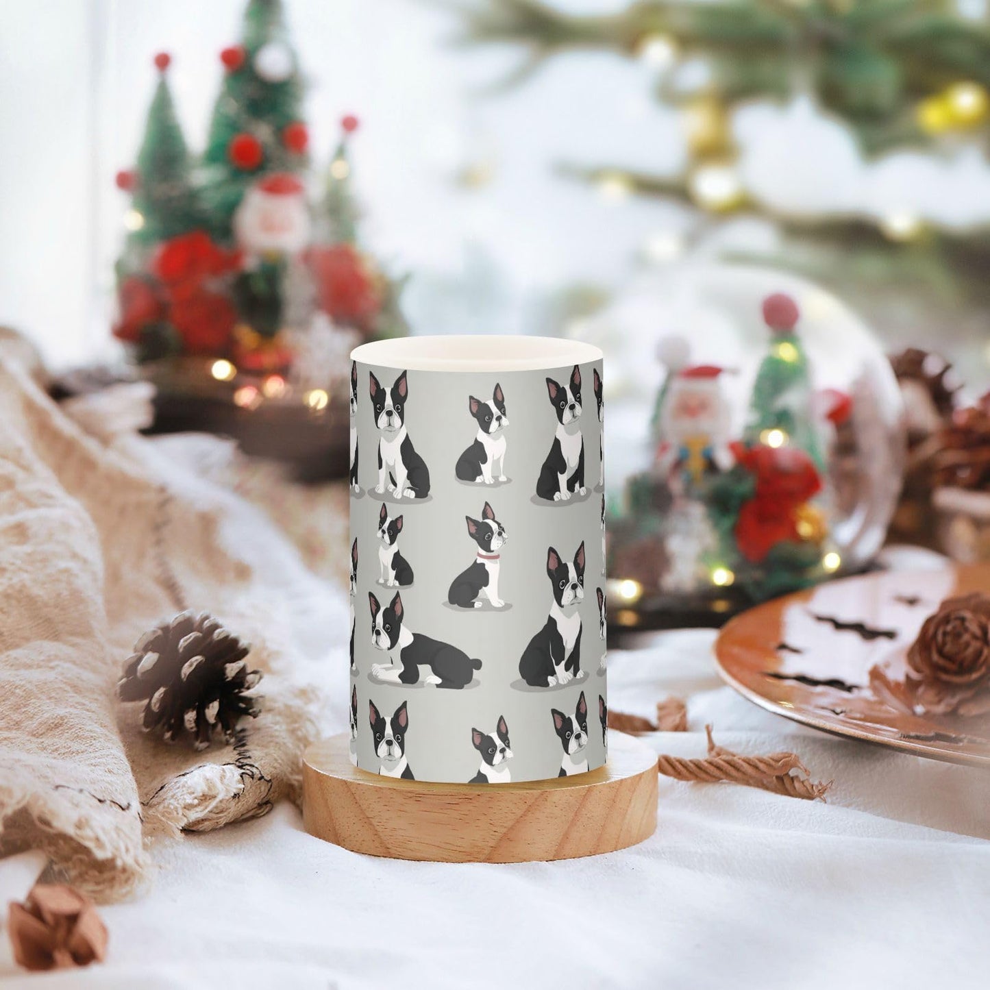 Pigsaly Flameless Candles Battery Operated Cute Puppy Boston Terrier Dog Flickering Led Pillar Candles with Remote Control Colour Changing Warm Light Candles for Halloween Christmas Wedding
