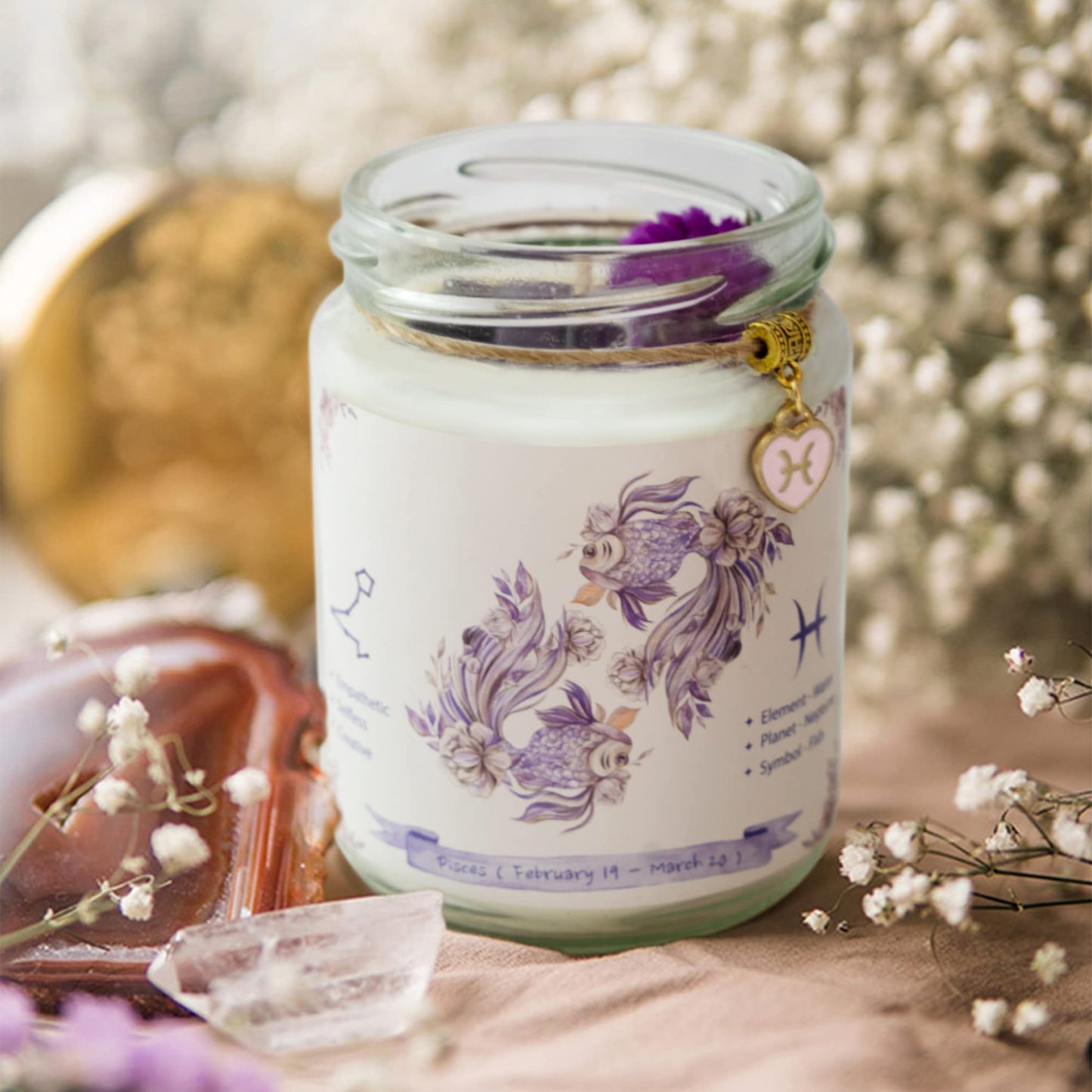 ZINCGE Pisces Zodiac Crystal Candle Gifts for Women, Astrology Spiritual Birthday Gifts Horoscope Natural Soy Bergamot Scented Candle with Dry Flowers and Amethyst Healing Crystals