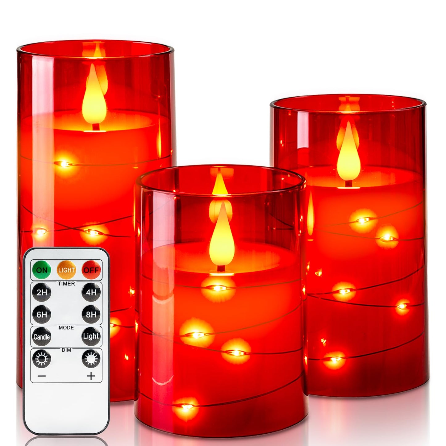 Amagic Red Flameless Candles 3 Set, Flickering Battery Operated Candles Embedded Fairy String Light, Realistic Pillar Candle with Remote Control and Timer, Acrylic, D3 x H4 5" 6"