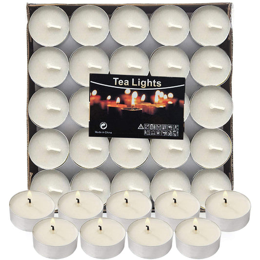 Visen 50Pack Tealight Candles, White, Unscented, Smokeless, Dripless & 6Hours Burn Time Long Burning Paraffin Tea Lights Candles for Home, Romantic Decor, Pool, Shabbat, Weddings & Emergencies