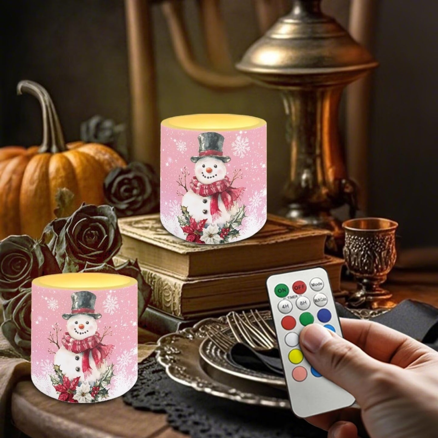 Merkmak Christmas Flameless Candles with 18-Key Remote Battery Operated Candles with Timer Snowman Poinsettia Flickering LED Elictric Pillar Tealights for Party Banquet