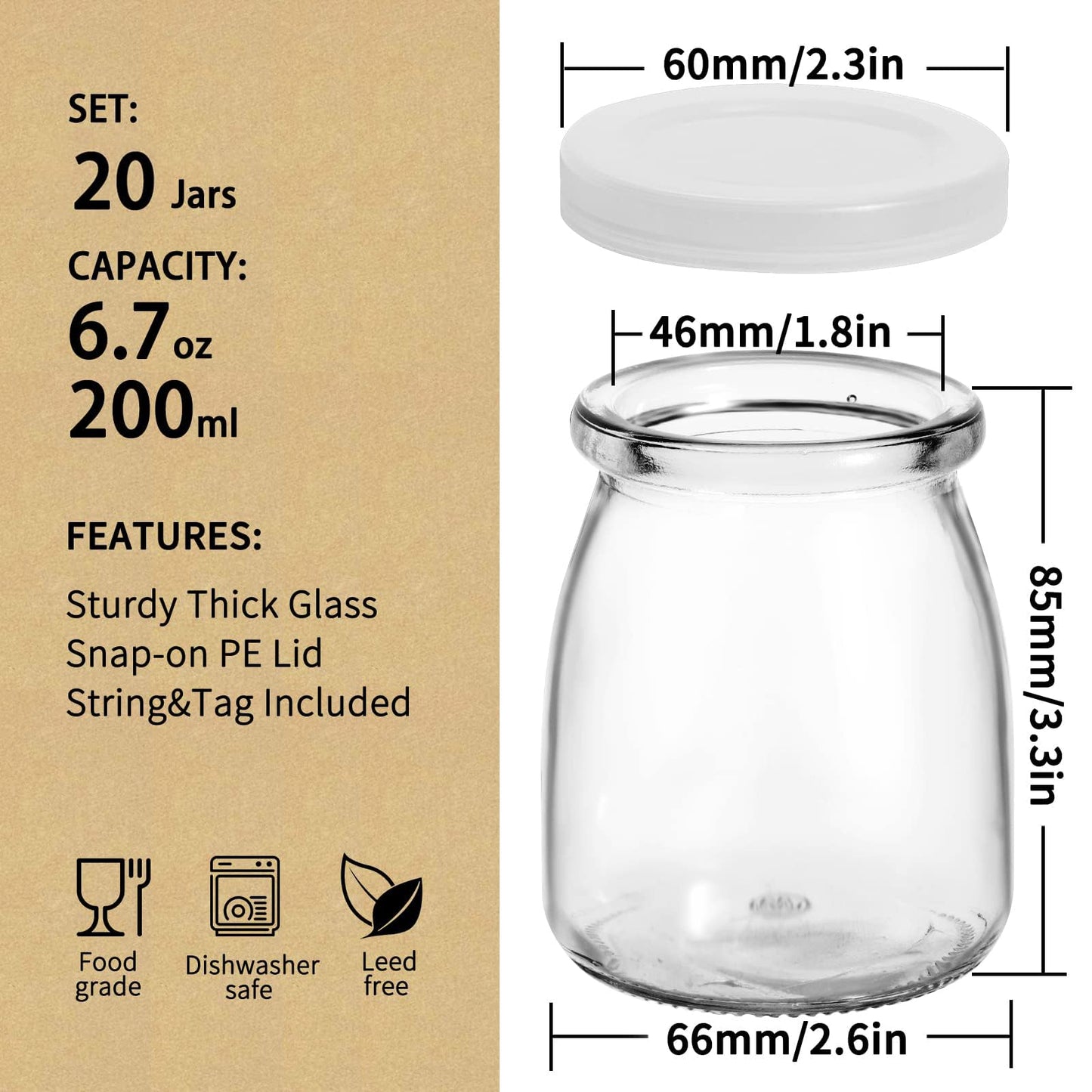 6.7oz Small Glass Jars 20Pack, Clear Glass Pudding with PE Lids and Tags, Spice/Glass Jelly/Yogurt/Candle Containers/Small with Lids (Set of 20)