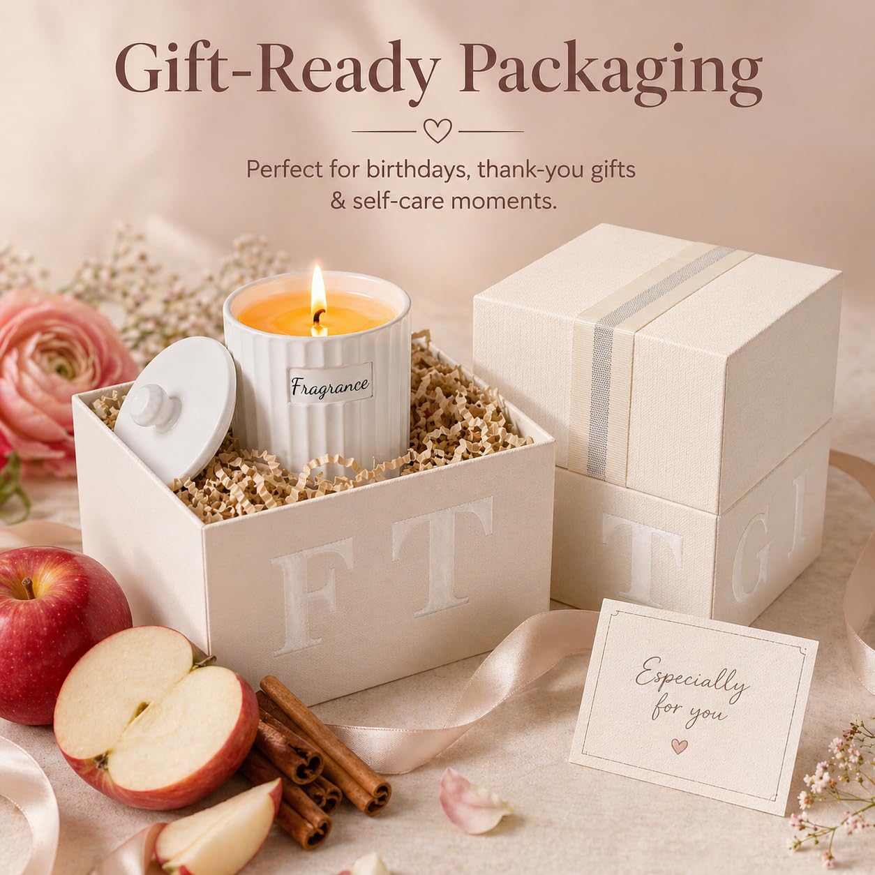 Viyffo Apple Cinnamon Holiday Scented Candle for Women & Men, Non Toxic Soy Candle in Matte White Ceramic Jar with Gift Box Perfect for Winter Gift & Home Decor