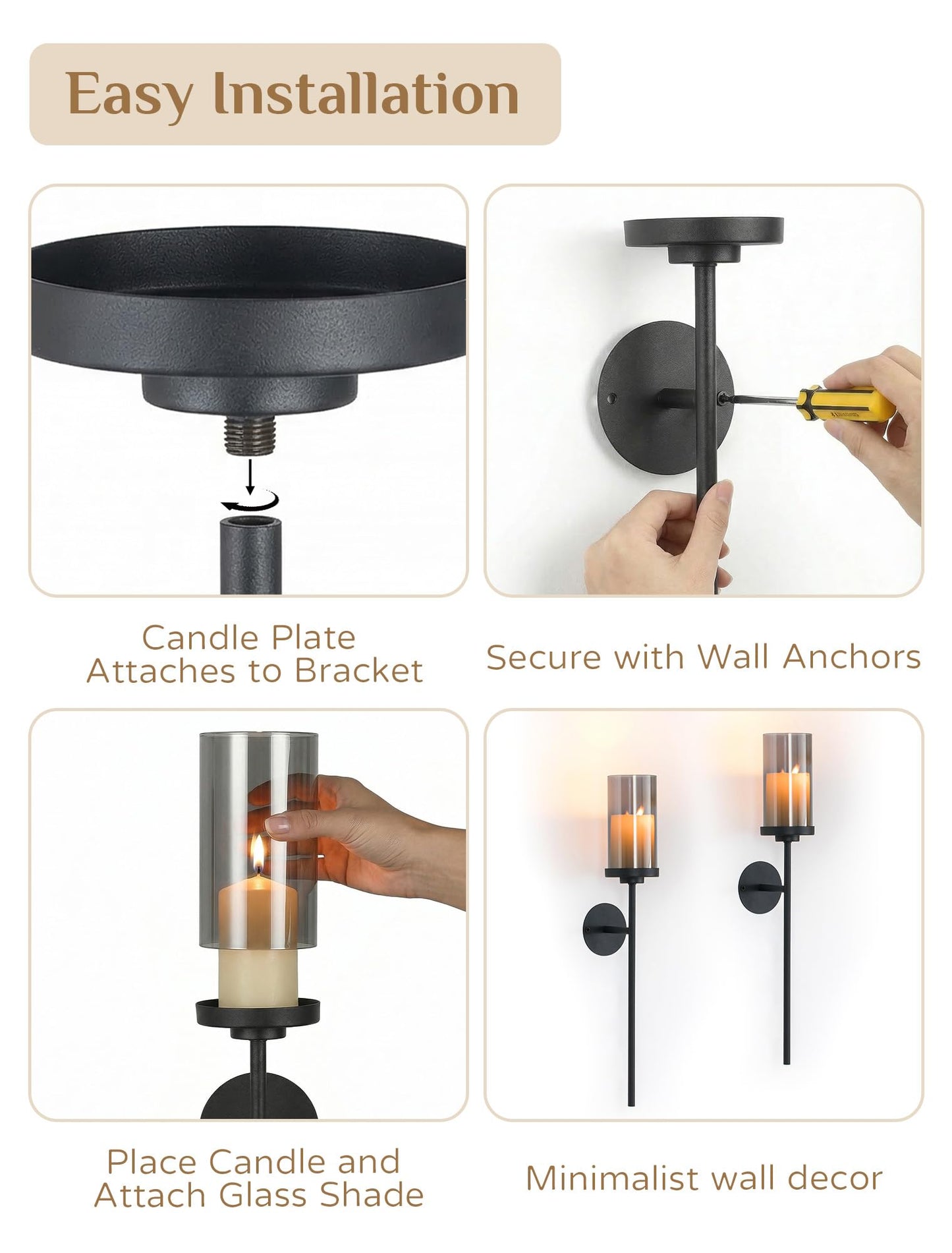 Walasis Black Wall Candle Holder Decor: 22 Inch Metal Long Candle Sconces with Smokey Grey Hurricane Modern Minimalist Decoration for Hallway Living Room Beside Fireplace TV