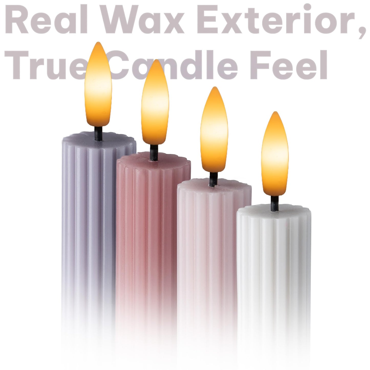 West Ivory Dusty Mauve Coordinated Pinkish Lilac 4 Pack, 10" Real Wax LED Flameless Fluted Ribbed Grooved Taper Candles, Remote & Timer, On/Off Button, Dimmable, Battery Operated, Menorah Wedding