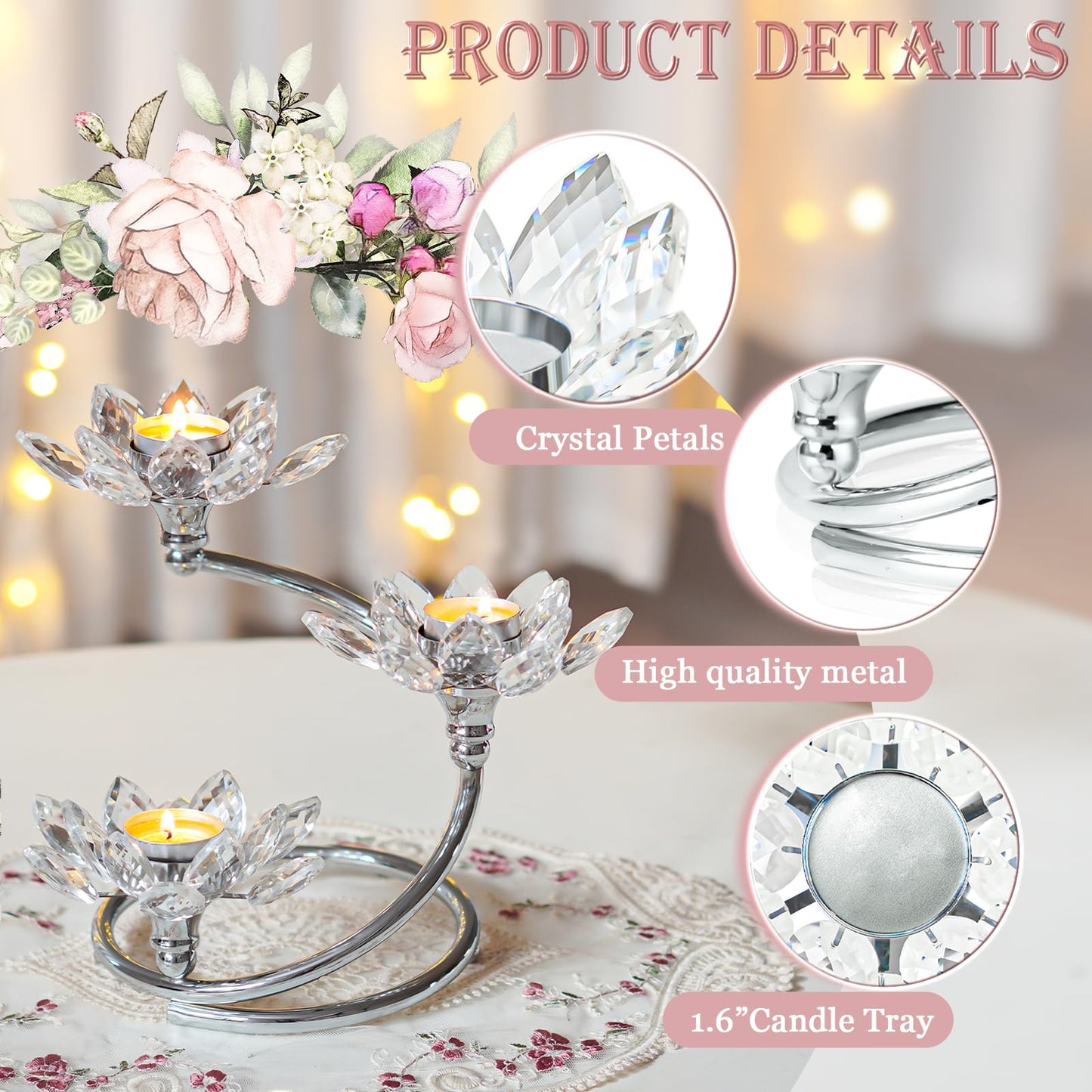 Kehail Silver 1 Pc Crystal Flower Shaped Candle Holder Set, 3-Arm Metal Votive Tea Light Candlestick for Table Centerpiece, Home Wedding Party Anniversary Decor