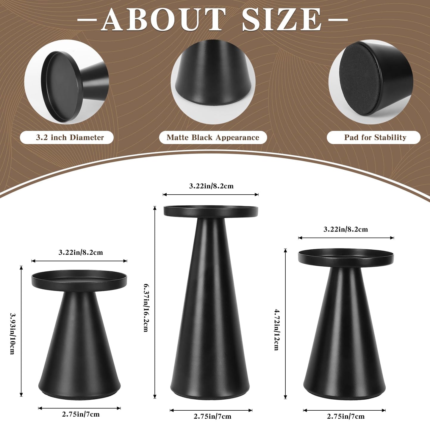 Black Iron Plate Candle Holder Set of 3-4 & 4.7 & 6.4 Inch Tall, Decorative Iron Pillar Candle Plate, Elegant Candle Stand for LED & Wax Candles, Incense Cones, Spa, Weddings (Candles Not Including)