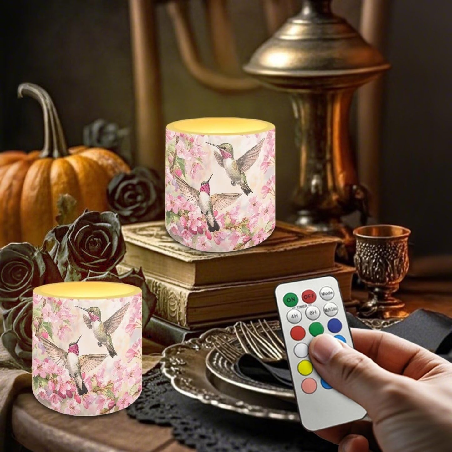 Cozeyat Hummingbird Flameless Candles 4 Pack Battery Operated LED Pillar Candles with Remote Control Timer Waterproof for Indoor Outdoor Beach Home Use