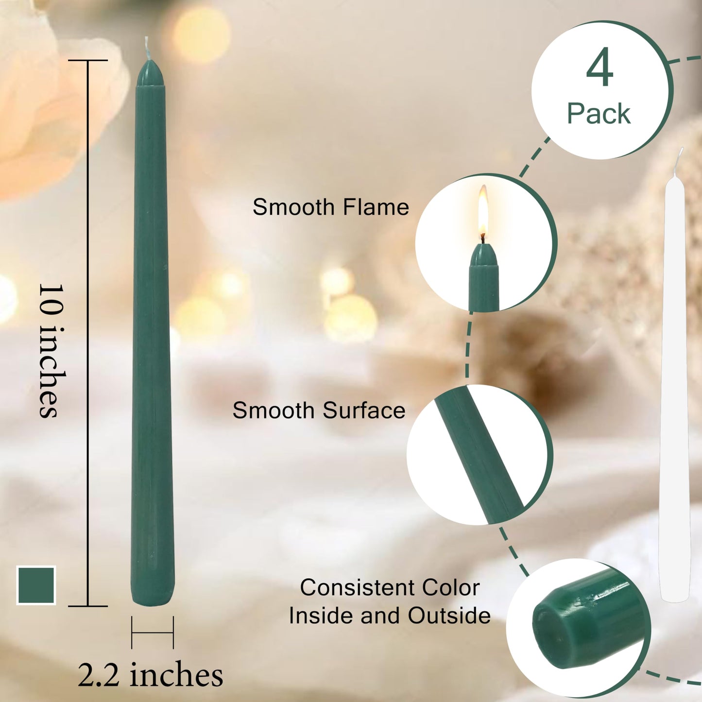 10 Inch Dark Green Taper Candle Hand Poured Unscented Smokeless 4 Pack Long Tapered Candle for Easter Forest Wedding Dinner Rustic Farmhouse Holiday Home Decor