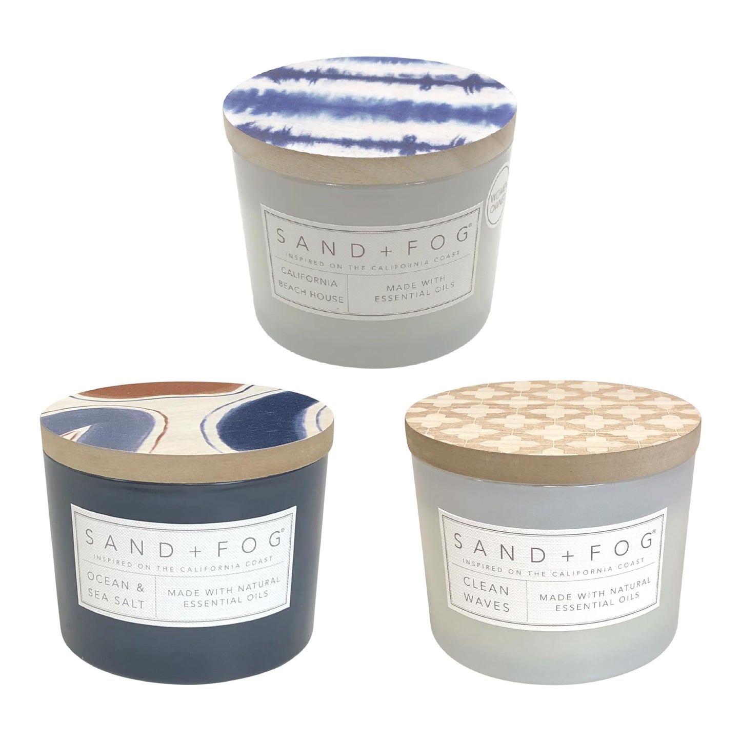 Sand + Fog Beach Day Bundle - Set of Three Luxury Candles - California Beach House, Clean Waves, Ocean & Sea Salt - 12 oz