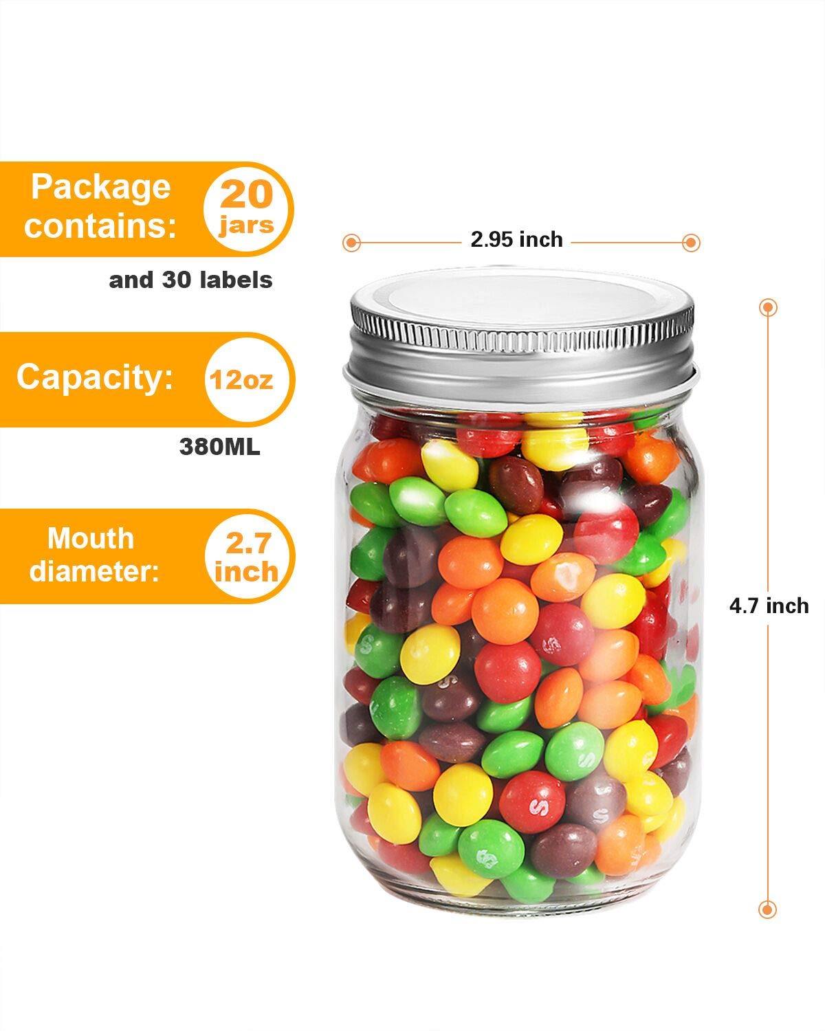 12oz Glass Jars With Lids Regular Mouth 20 Pack -Mason Jars 12 oz For Crafts, Meal Prep, Canning Jars For Food Storage Frascos De Vidrio Con Tapa Para Conservas-with 20 Chalkboard Stickers-Silver Lid