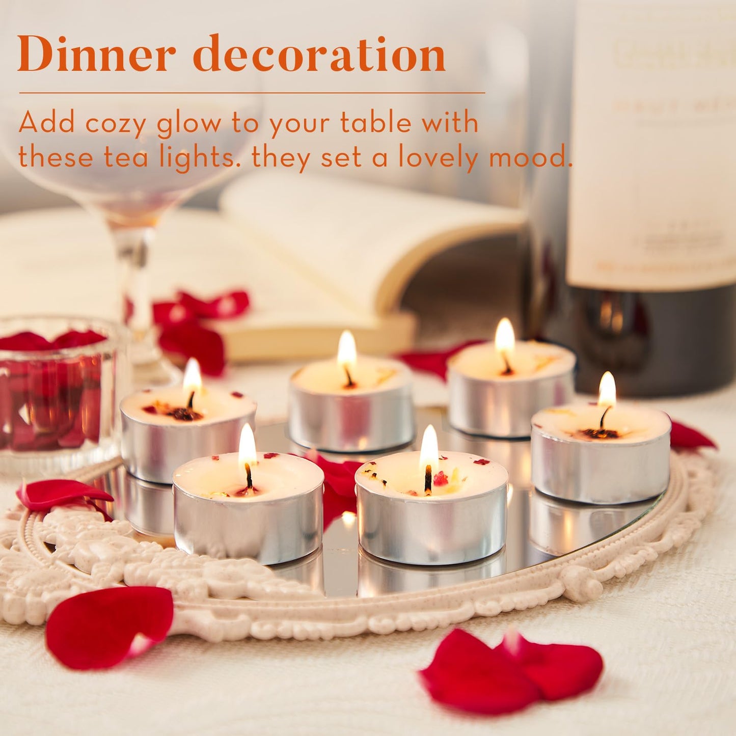 Crenovo Rose Scented Tealight Candles 16 Pcs, 6-7 Hours Soy Tea Lights Candles with Dried Flower Petals, Non-Toxic Smokeless Small Candles Bulk for Weddings, Home Decor, Spa