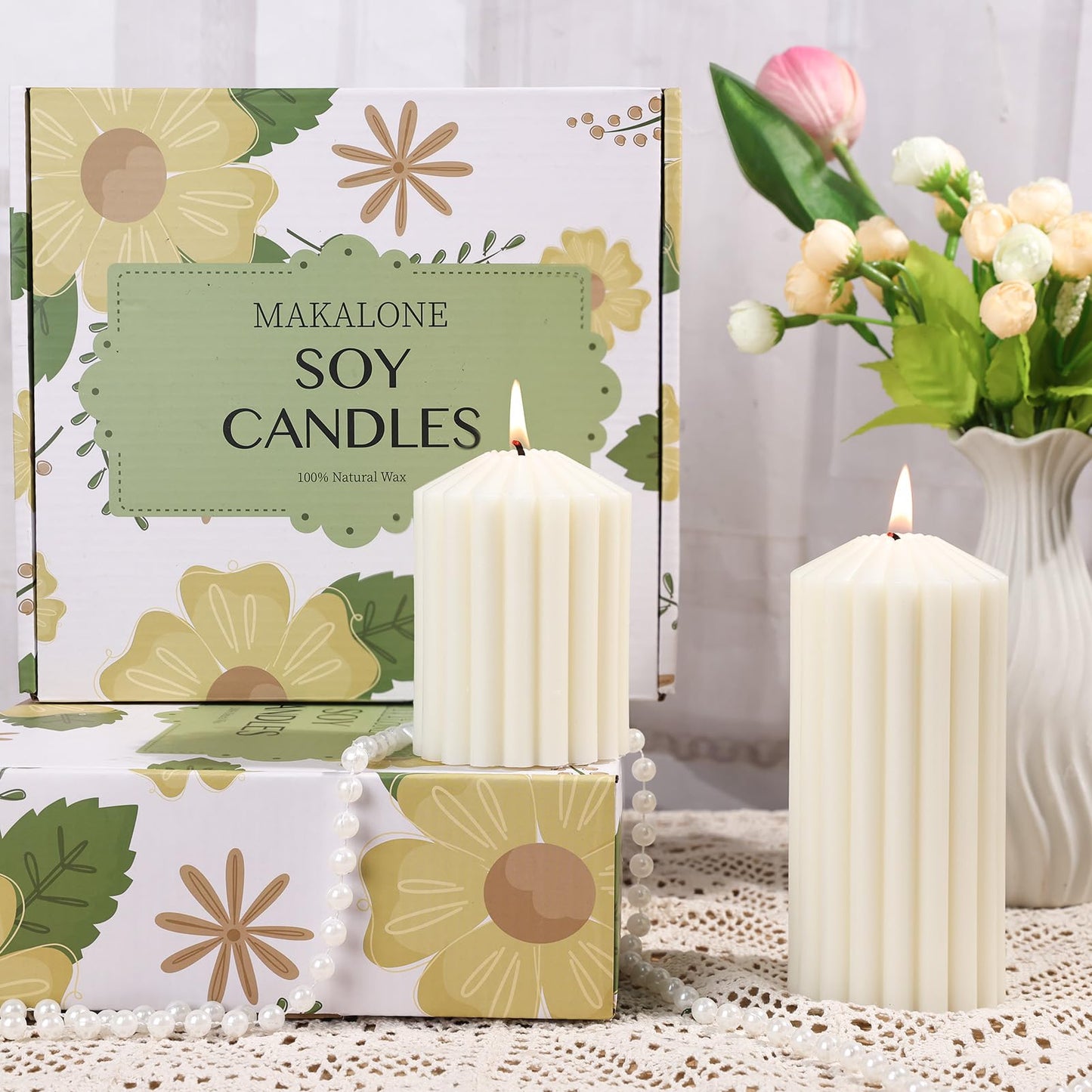 3 Pcs White Ribbed Pillar Candles-Vanilla Cake Scented,Natural Soy Wax,Non Toxic,Smokeless-2.8" x4,6,8in Modern Aesthetic Aromatherapy Candles for Home,Dinner Table,Living Room,Housewarming Gift