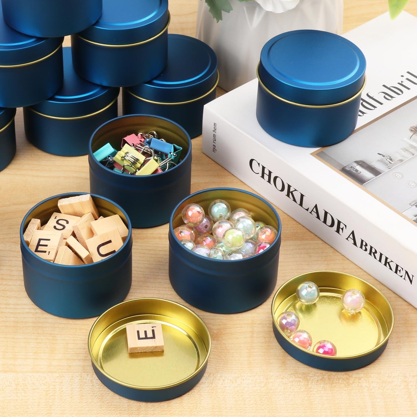 Biugaaufai 48 Pack Blue Metal Candle Tins with Lids, 4 oz Round Bulk Tin Can for DIY Candle Making and Storage