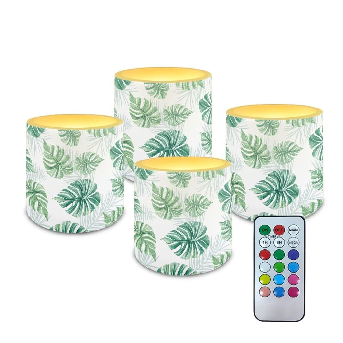 NETILGEN 3 inch Realistic Flickering Flameless Candles with Timer Remote Control 4 Packs LED Battery Powered Candles for Home Decoration Tropical Palm Leaf Print