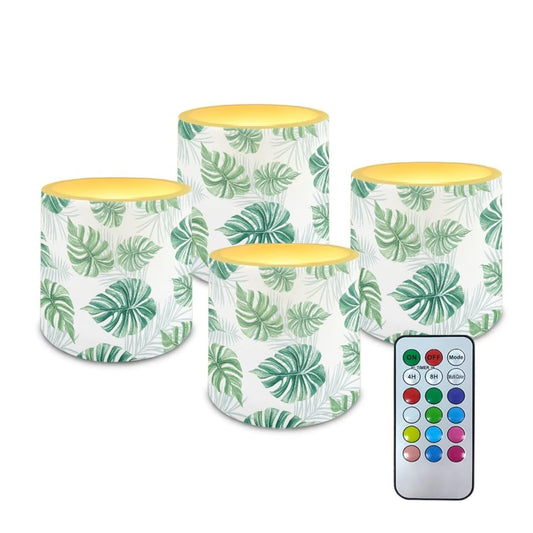 NETILGEN 3 inch Realistic Flickering Flameless Candles with Timer Remote Control 4 Packs LED Battery Powered Candles for Home Decoration Tropical Palm Leaf Print