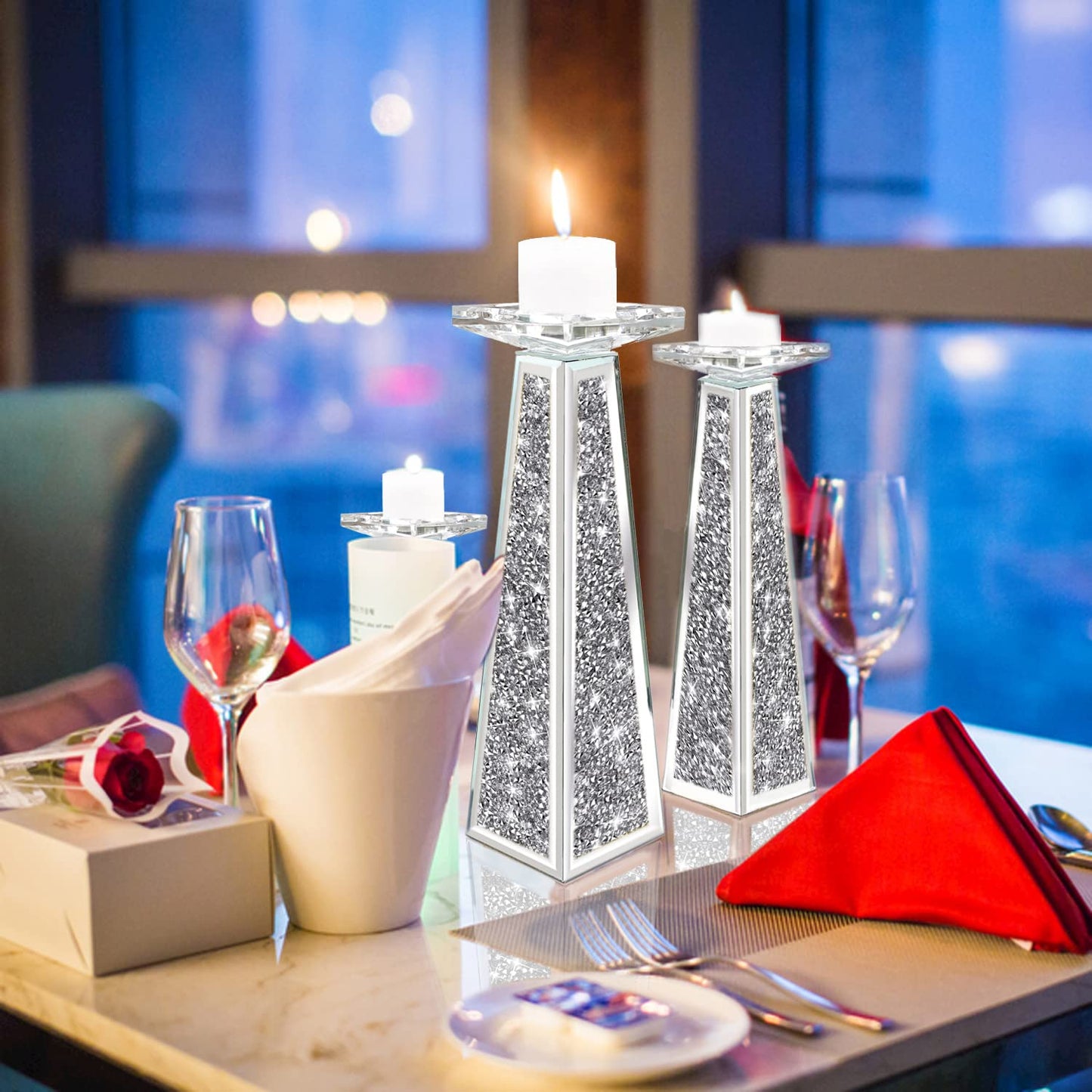 Wocred 2 Piece Candlestick Holders for Holding Pillar Candles, Crystal Crushed Diamond Candle Holders Set Decor for Dinning Room, Silver Glass Votive Candle Holders for Table Centerpiece(12”)