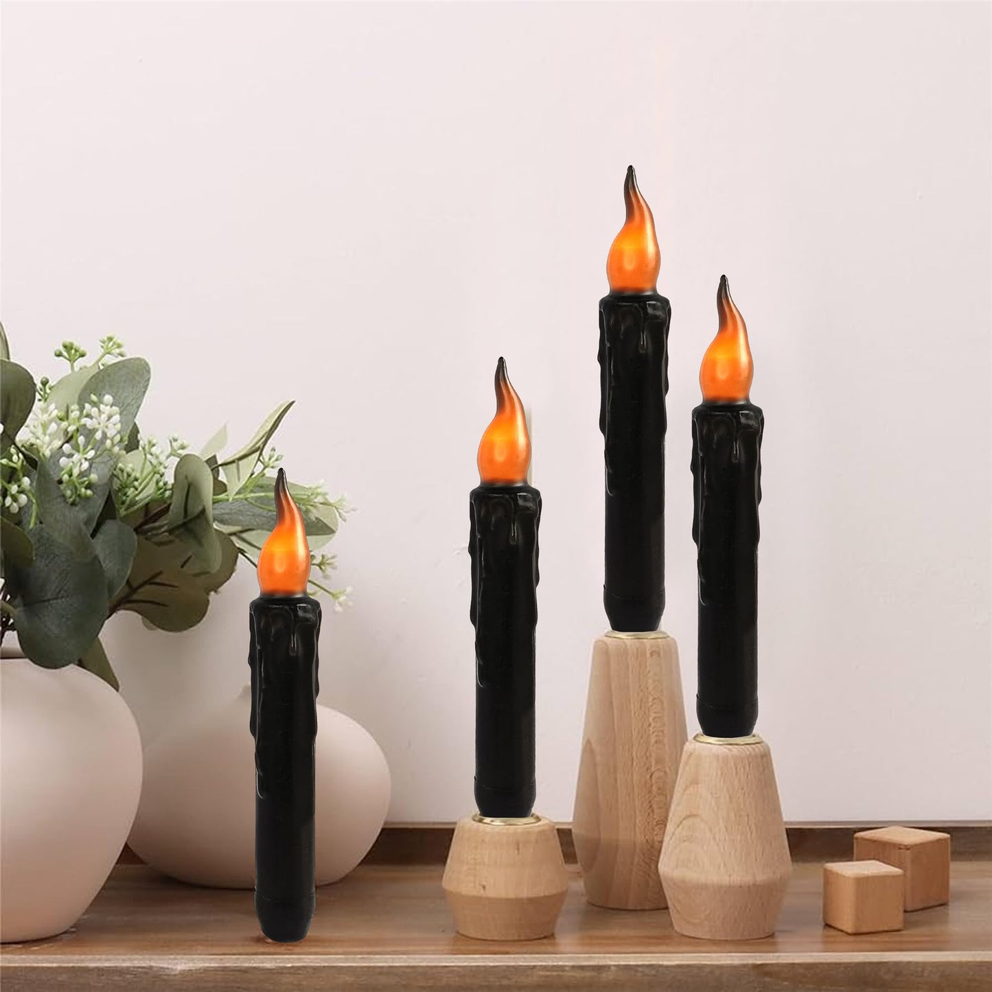 Gedengni Black Candlesticks Flameless Taper Candle, 4pcs Real Wax LED Tapered Candles Remote Dipped Candle 6inches Battery Chandelier for Enchanting Weddings Harry Potter Inspired Vigils,B