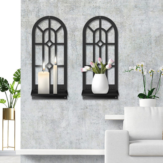 Black Metal Wall Art Holder Set of 2,Rustic Farmhouse Home Wall Decor,Bohemian Line Candle Holder for Living Room Bathroom Fireplace Housewarming Gift (16.5 x 7inches)