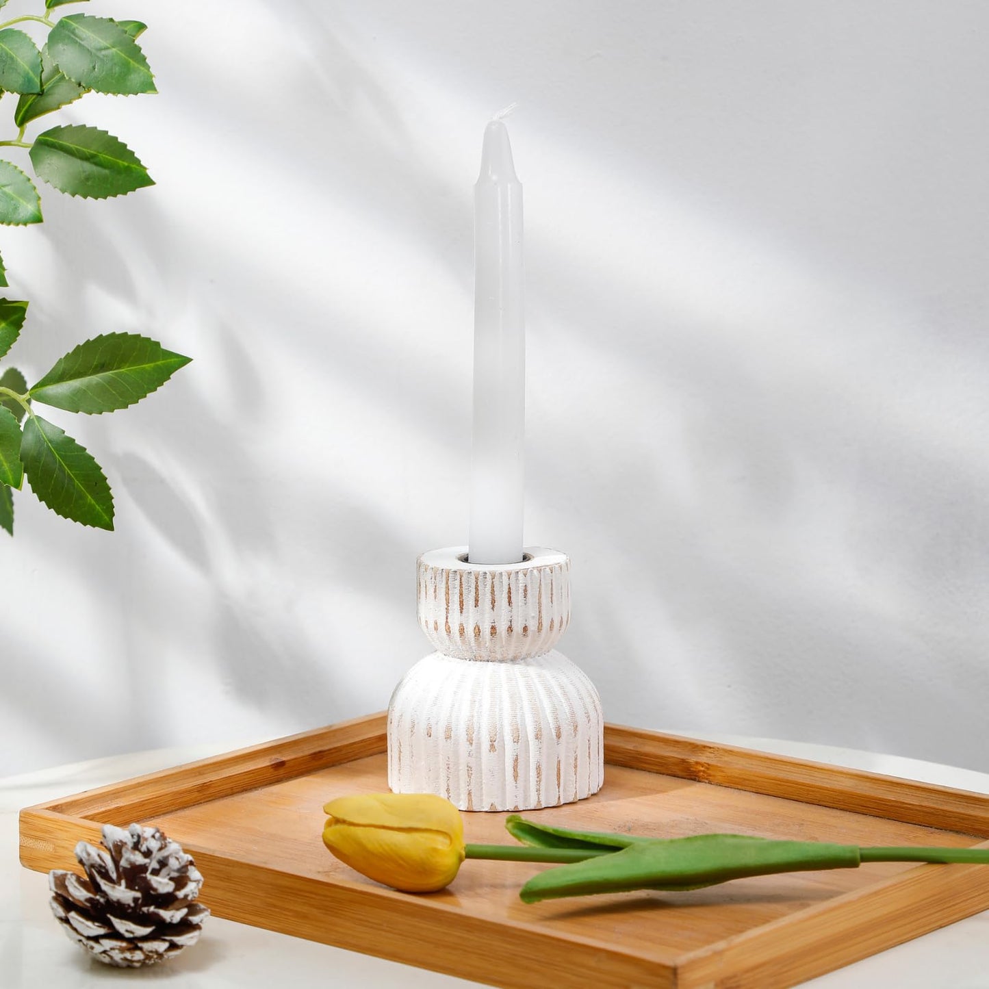 TRENDIN Reversible Rustic Pillar Candle Holders Set of 2, Distressed White Wood Candle Stand Set for Table, Fluted Farmhouse Wooden Candlestick Holders for Fireplace Mantel, Dining Room Decor