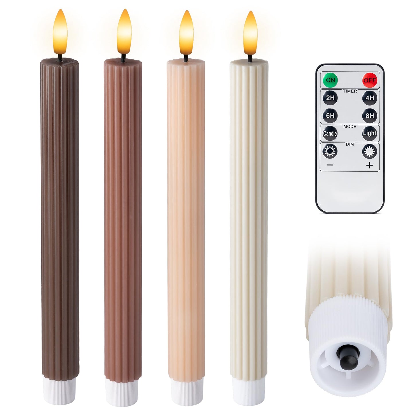 WYZworks Coordinated Chocolatey Mocha Brown 4 Pack, 10" Real Wax LED Flameless Fluted Ribbed Grooved Taper Candles, Remote & Timer Memory, On/Off Button, Dimmable, Battery Operated, Menorah Wedding