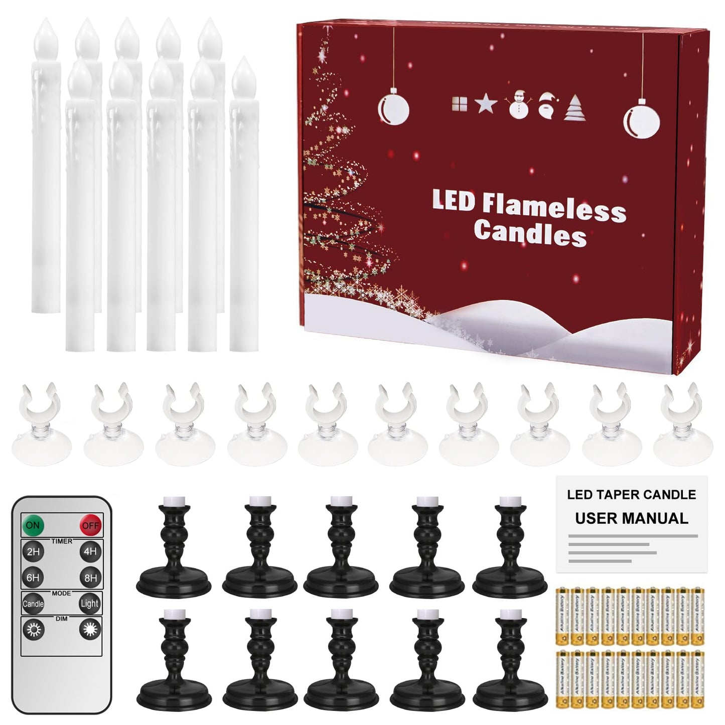 Kithouse Flameless Candles 10 Pack Battery Operated Window Candles with Drip Texture,Remote Timer,10 Removable Candle Holders,Suction Cups,20 AA Batteries for Home Decor Christmas Wedding (Black)