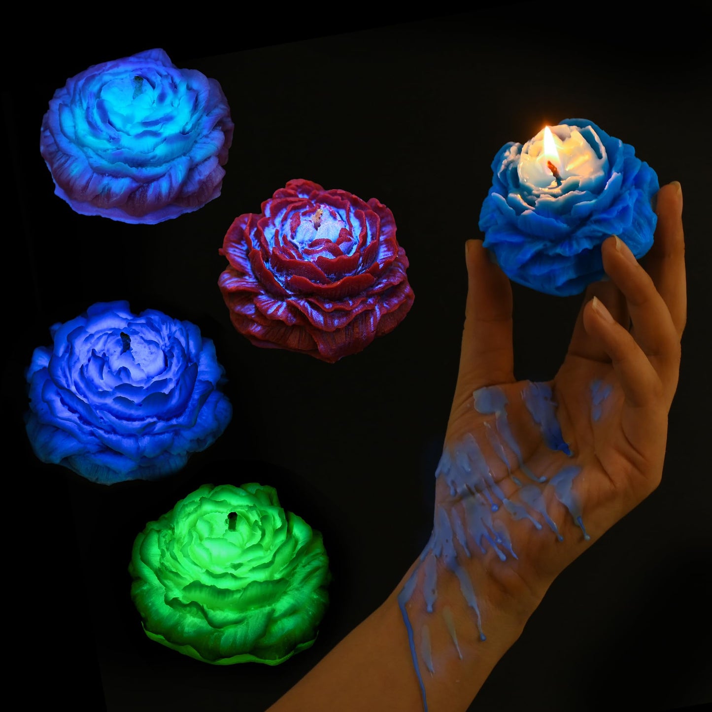 SUPXYC 4PCS Low Temperature Candles, Low Heat Body Safe Candles Wax Play for Adult, Romantic Wax Play Candles, Flower Shaped Scented Candles for Couples Date Night(3.1 Inch, Flower Fluorescence)