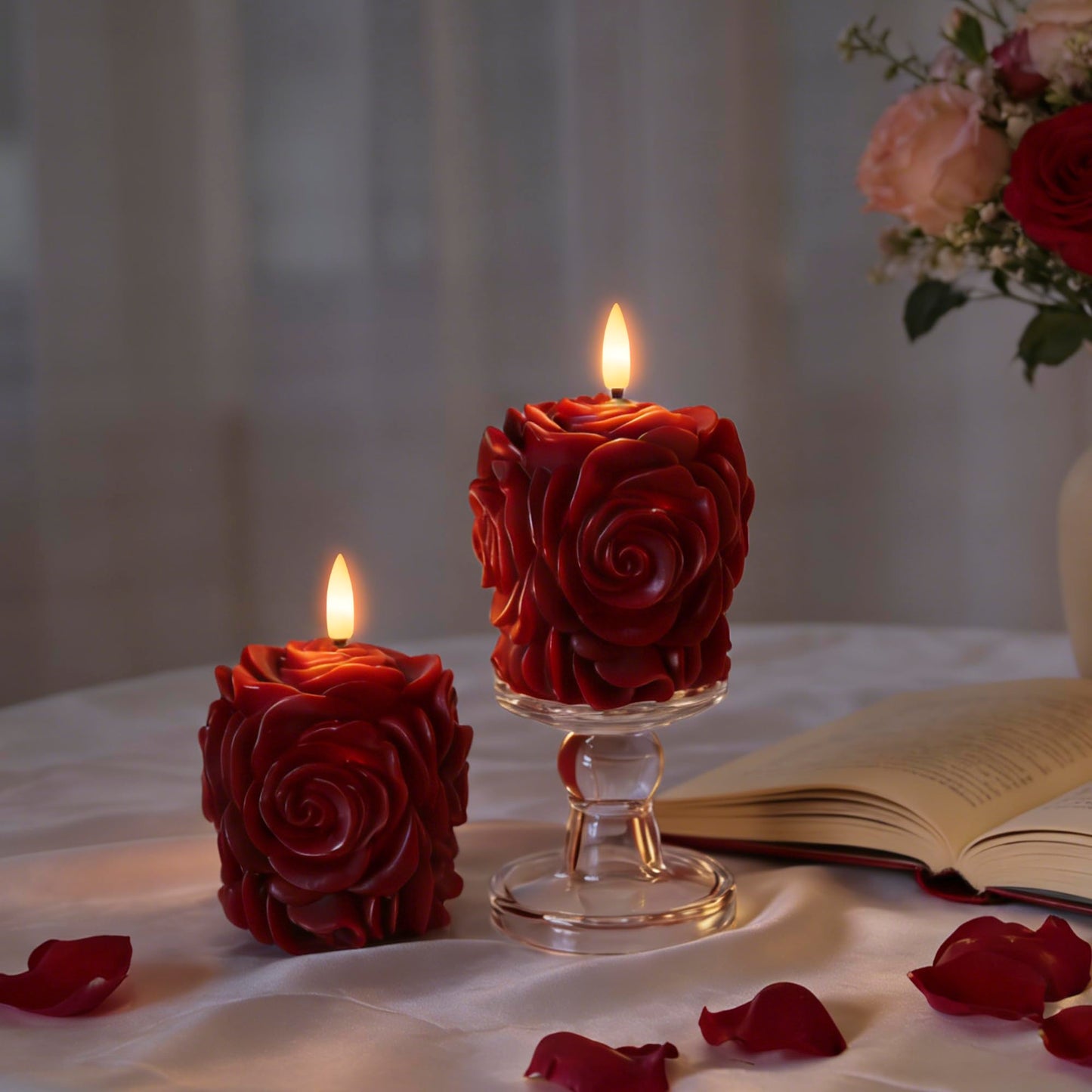 AFINETH Rose Flameless Candles with Remote, Valentines Battery Operated Candles, Real Wax Red LED Flower Candles Valentine's Day Mothers Day Gifts for Her Wife Mom Home Party Decor, 2 Pack