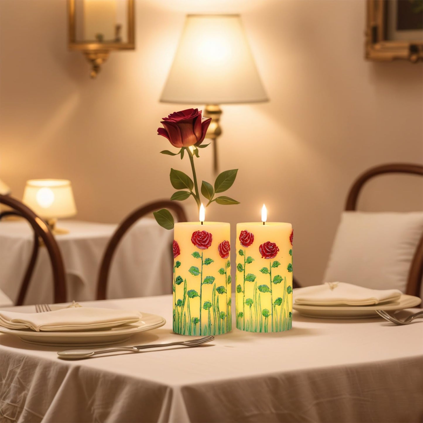 DRomance Roses Flower Flameless Candles Battery Operated with 6 Hour Timer 3D Wick Flickering LED Pillar Candles Real Wax Hand-Painted Dinner Christmas Holiday Decor(2 Pack, 3" D x 6.5" H)