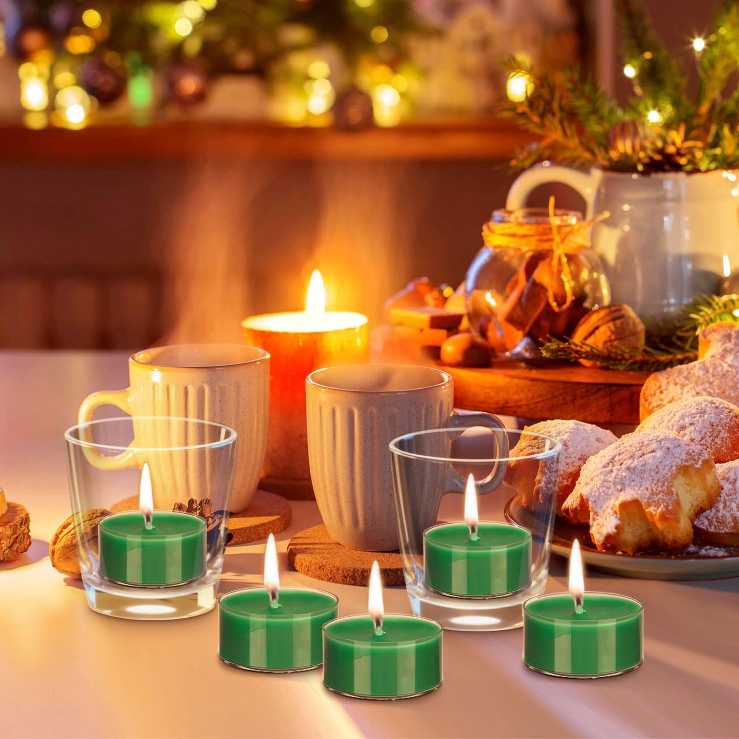 Nuanchu 12 Pcs Bayberry Scented Candle Christmas Green Votive Tealight Beeswax Blend Tealight Wax Green Bayberry Scented Wax Gift Box for Christmas Holiday