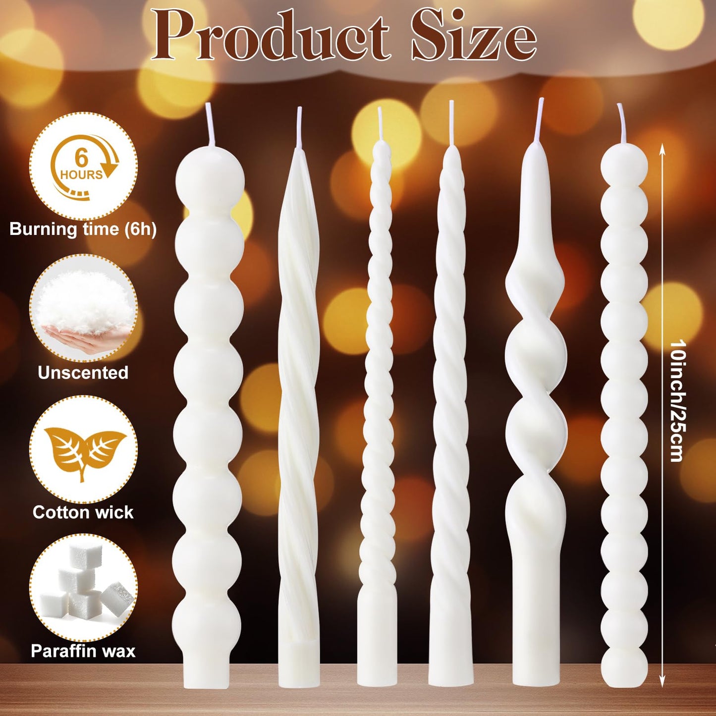 Conelist 10 Inch White Twisted Taper Candles Set of 6, Tall Smokeless Twisted Candlesticks for Wedding Holiday Birthday Home Party Decorations