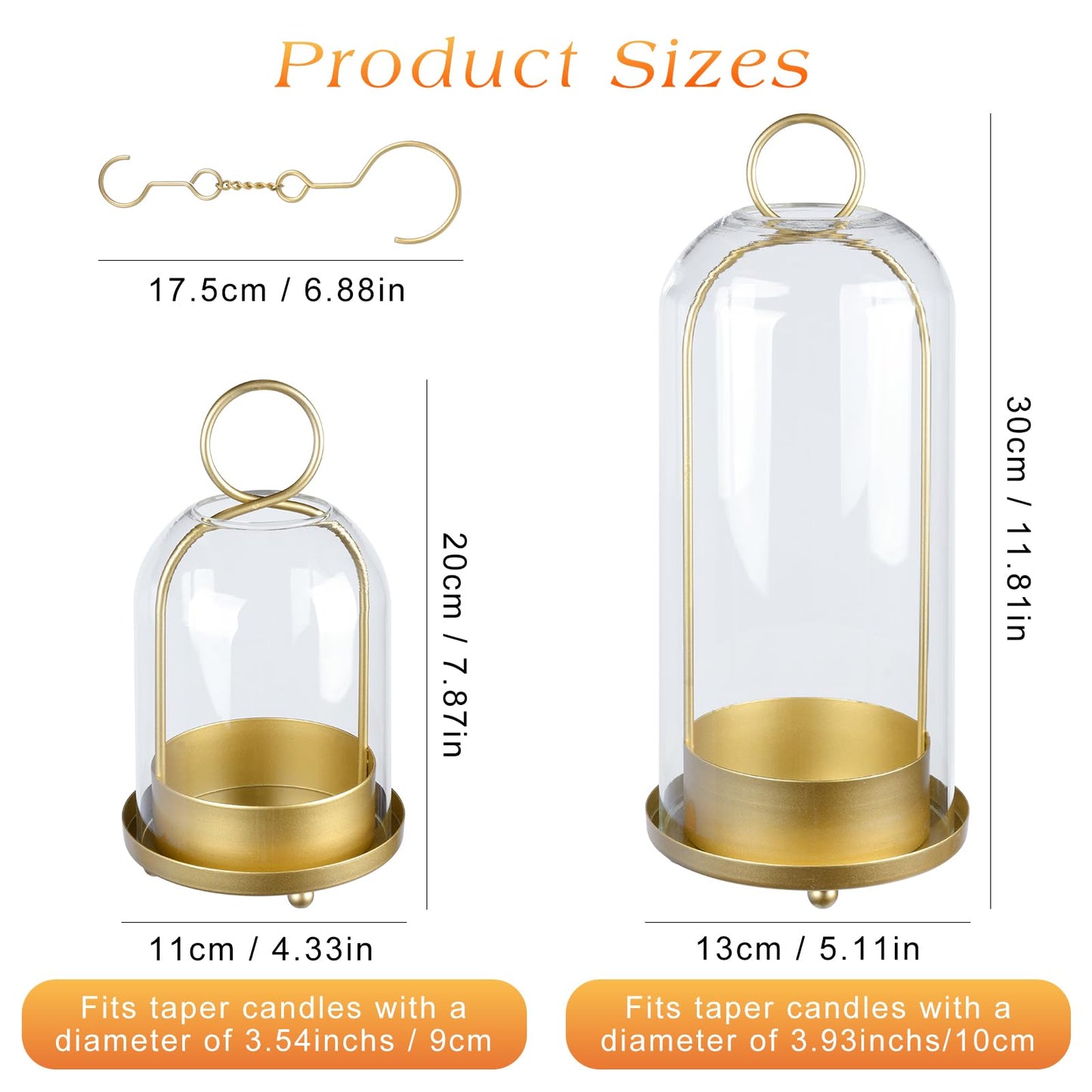 Fohil 5" & 4" Hurricane Glass Candle Holders, Set of 2 Metal Candle Holder with Handmade Sturdy Glass Dome, Candle Lantern for Pillar Candles, Plants, Table Centerpiece, Home Decor