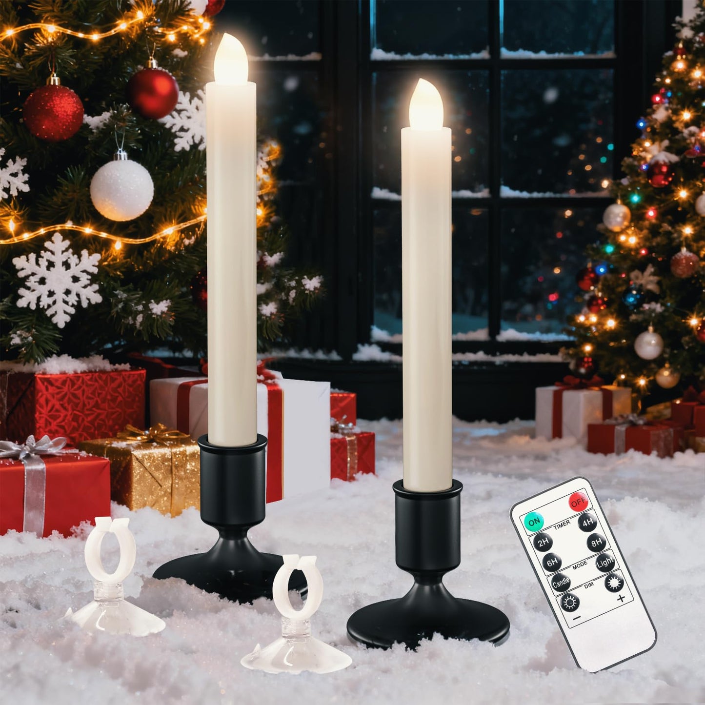 Verdenu 2 Pack Christmas Window Candles with Mental Holder, Battery Operated Flameless Taper with Timer Remote, LED Candles with Suction Cups for Christmas Decorations, Black