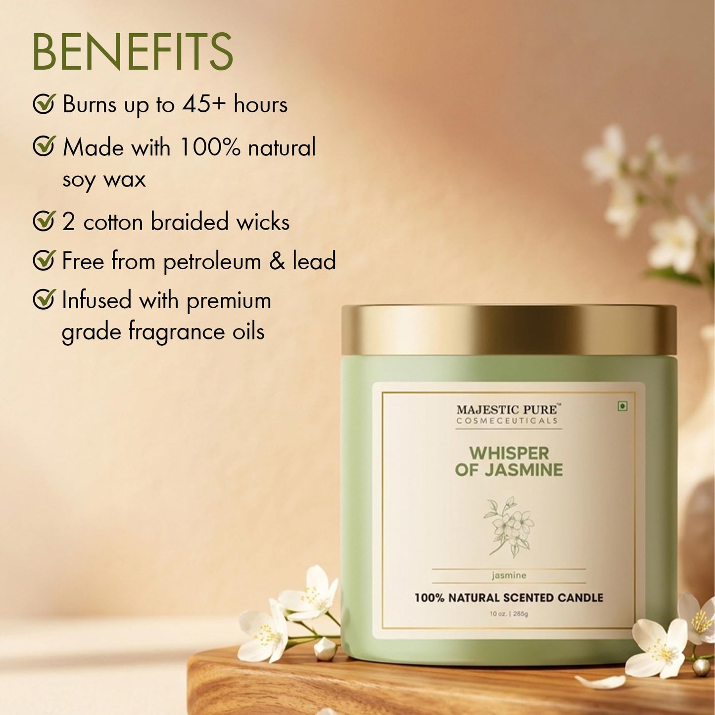 Majestic Pure Candle Jasmine, Natural Scented Candle, 10oz Large Jar with up to 45+ Hours Burn, Giftable