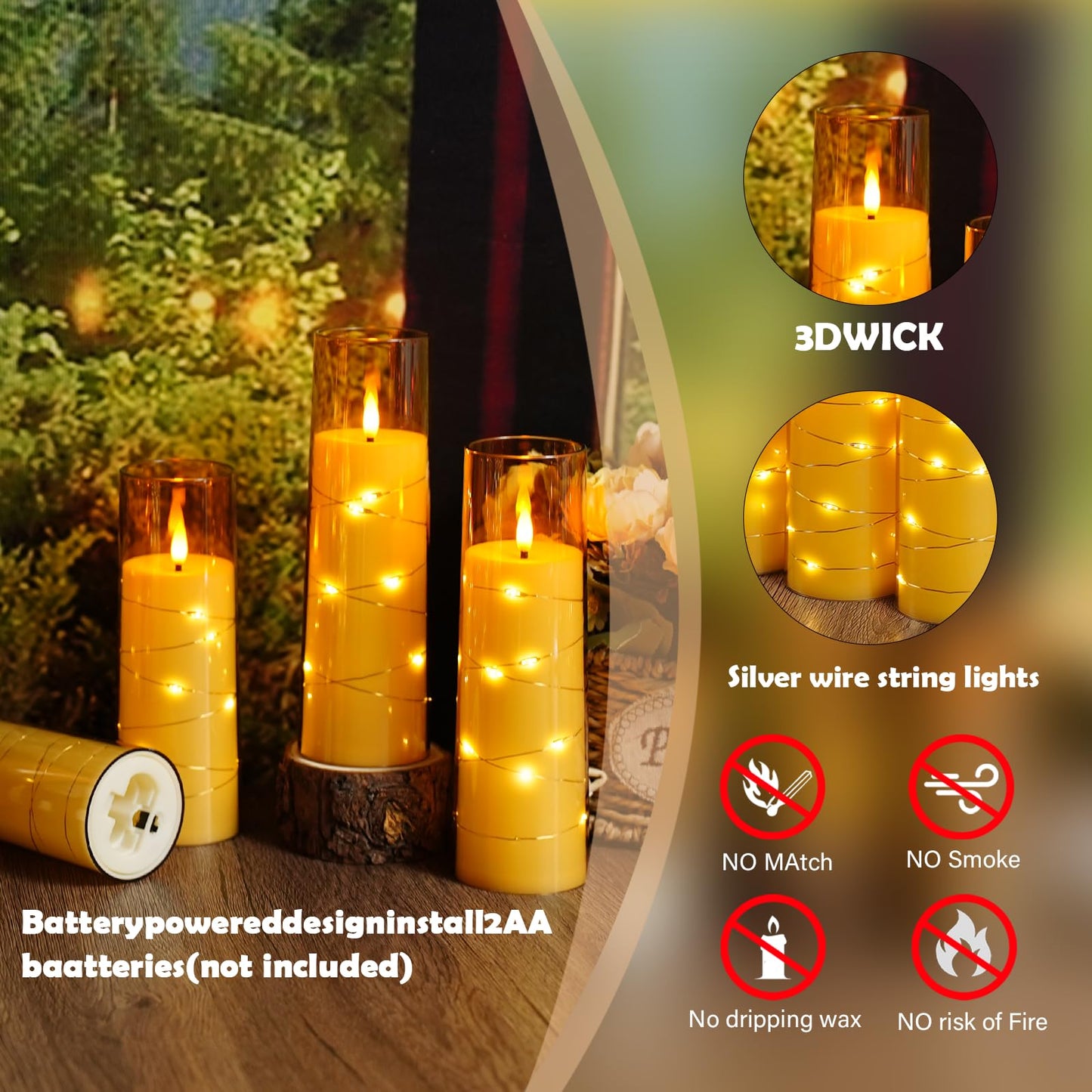 Sasigeiaa Flameless Candles with Embedded Star String - Battery Operated LED Candles, with Remote,12 Gold Flickering Candles for Christmas, Weddings, Home Decor & Party,(D 2.3"×H 5" 6" 7")