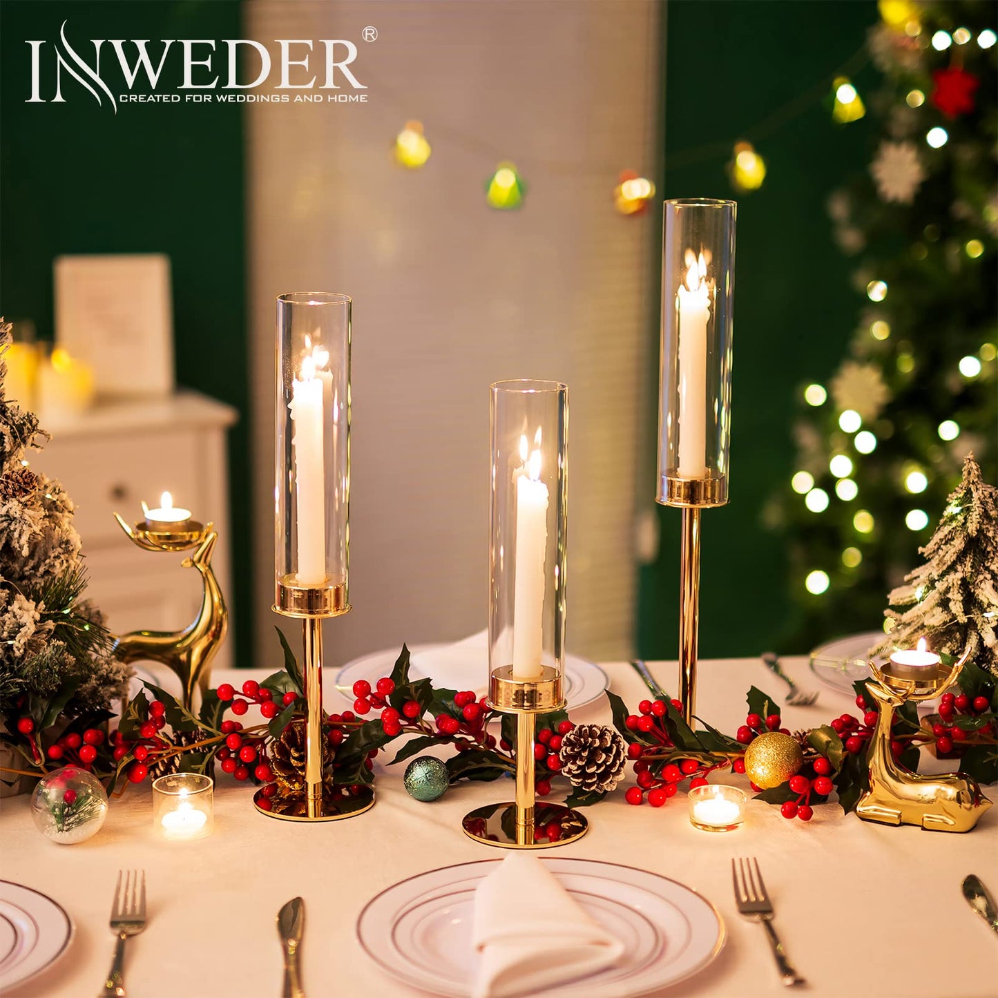 Inweder Hurricane Taper Candle Holders: Gold Glass Candlestick Holder Tall Candle Sticks Holder Decor with Glass Cover for Wedding Table Centerpiece Party Birthday Christmas Home Mantel Set of 3